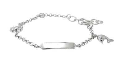 Flat lay of a sterling silver ID charm bracelet with a frog and a dolphin charm, featuring a rolo chain design and a bezel set cubic zirconia.