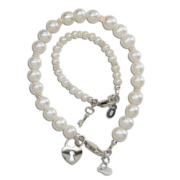 Mother and Baby Bracelet Sets:  Sterling Silver, Freshwater Pearl Mother and Baby Bracelet Heart Lock and Key Sets