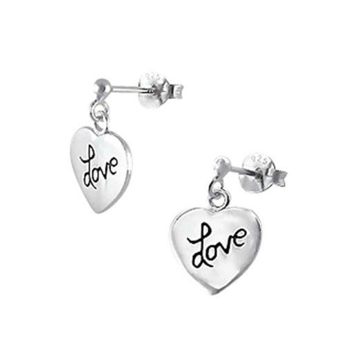 Children's Earrings:  Sterling Silver Dangle Heart Earrings with "Love"