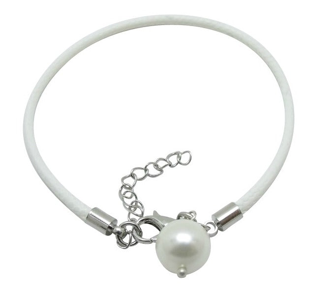 Mothers' and Children's Bracelets:  White, Woven Leather Bracelets with Pearl