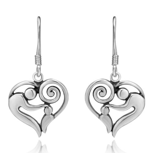 A pair of sterling silver drop earrings shaped as intertwined mother and child figures forming a stylized heart; each earring hangs from a slender hook and features a spiral detail representing the child’s head cradled within the curved arms of the mother.