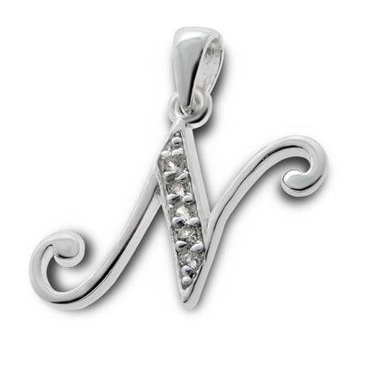 Children's Necklaces:  Sterling Silver Initial Necklaces - Script N - on Chain Length of your Choice
