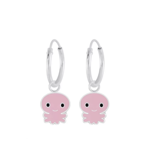 Children's Earrings:  Sterling Silver Sleepers with Pink Octopuses