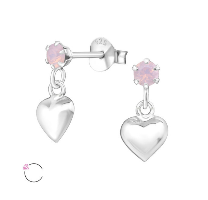 Children's Earrings:  Sterling Silver La Crystale Rose Water Opal with Dangle Puffy Hearts