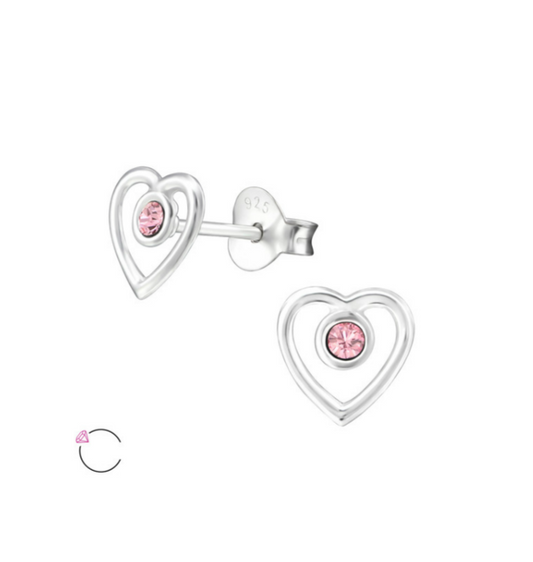 Children's Earrings - Sterling Silver Open Heart with Pink La Crystale CZ