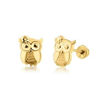 Children's Earrings:  14k Gold Polished/Matt Owl with Flower, Screw Backs and Gift Box