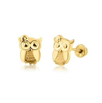 Children's Earrings:  14k Gold Owl with Flower, Screw Backs and Gift Box