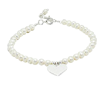 Children's and Teens' Bracelets:  Sterling Silver, White, Freshwater Pearl Bracelets with Engravable Heart Charm and Gift Box
