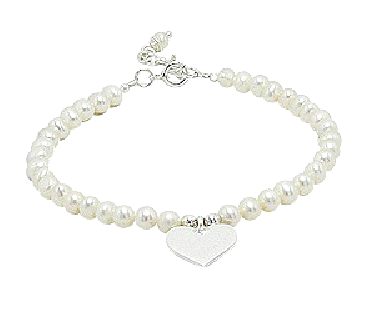 freshwater pearl bracelet with engravable heart charm in sterling silver for children and teens.