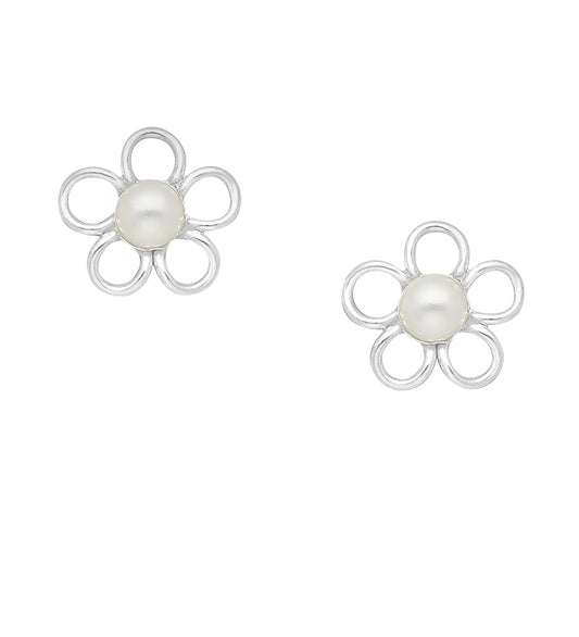 Children's Earrings:  Sterling Silver Pearl Flower Earrings