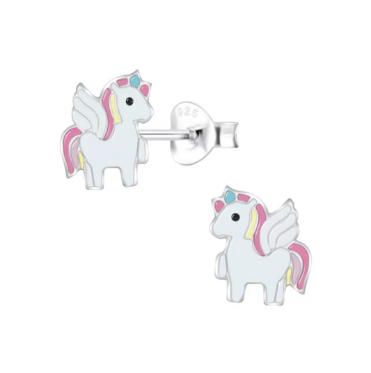 Children's Earrings:  Sterling Silver White and Pink Pegasus Unicorns