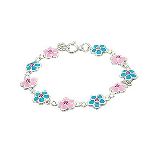 Baby and Children's Bracelets:  Sterling Silver, Pink and Blue Enameled Flower Bracelets