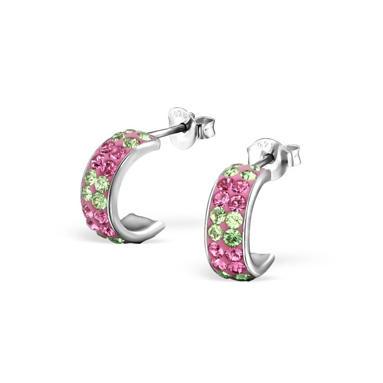 Children's and Teens' and Mothers' Earrings:  Sterling Silver Rhodium Plated, Pink/Green CZ Half Hoops