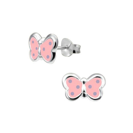 Children's Earrings:  Sterling Silver, Baby Pink with Blue Dots, Butterfly Earrings