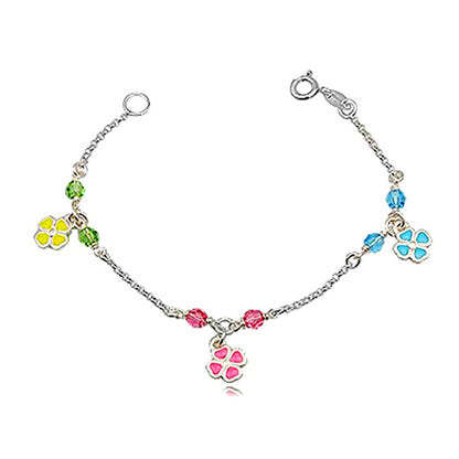 A sterling silver children's bracelet with enameled flowers in pink, blue, and yellow, and crystals on a chain structure.