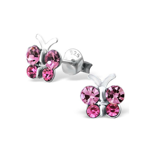 Children's Earrings: Children's Earrings:  Sterling Silver, Light/Dark Pink CZ Butterfly Earrings