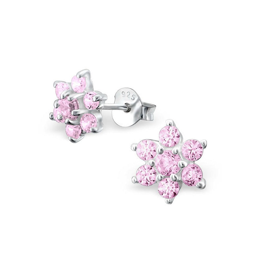 Children's Earrings:  Sterling Silver, Pink CZ Flowers