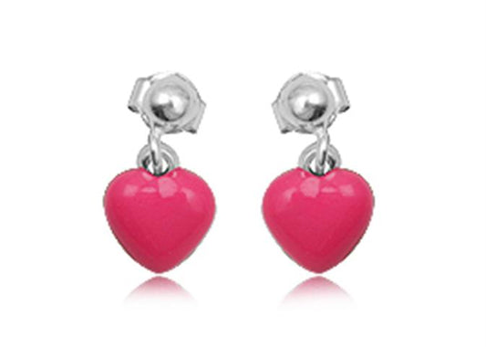 Children's Earrings:  Sterling Silver Dangle Pink Enamel Hearts