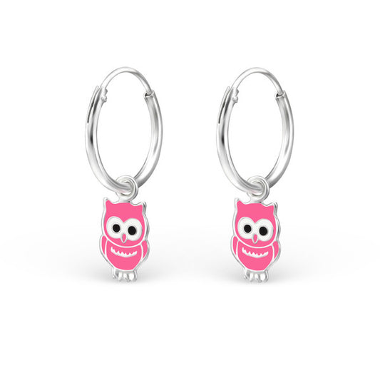 Children's Earrings:  Sterling Silver Sleepers with Pink Owls