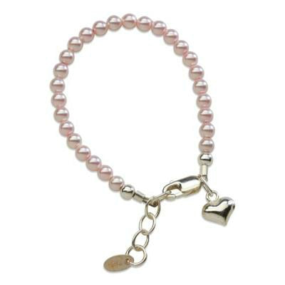 Baby Bracelets:  Sterling Silver Pink Czech Pearl Bracelets with Puffed Heart Charm, for Newborns