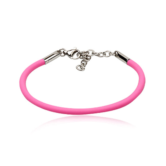 A pink rubber bracelet for girls with sterling silver fittings, displayed on a white background.