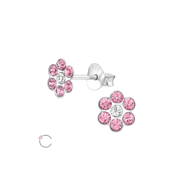 Baby and Children's Earrings:  Sterling Silver Pink/White Crystal Flowers