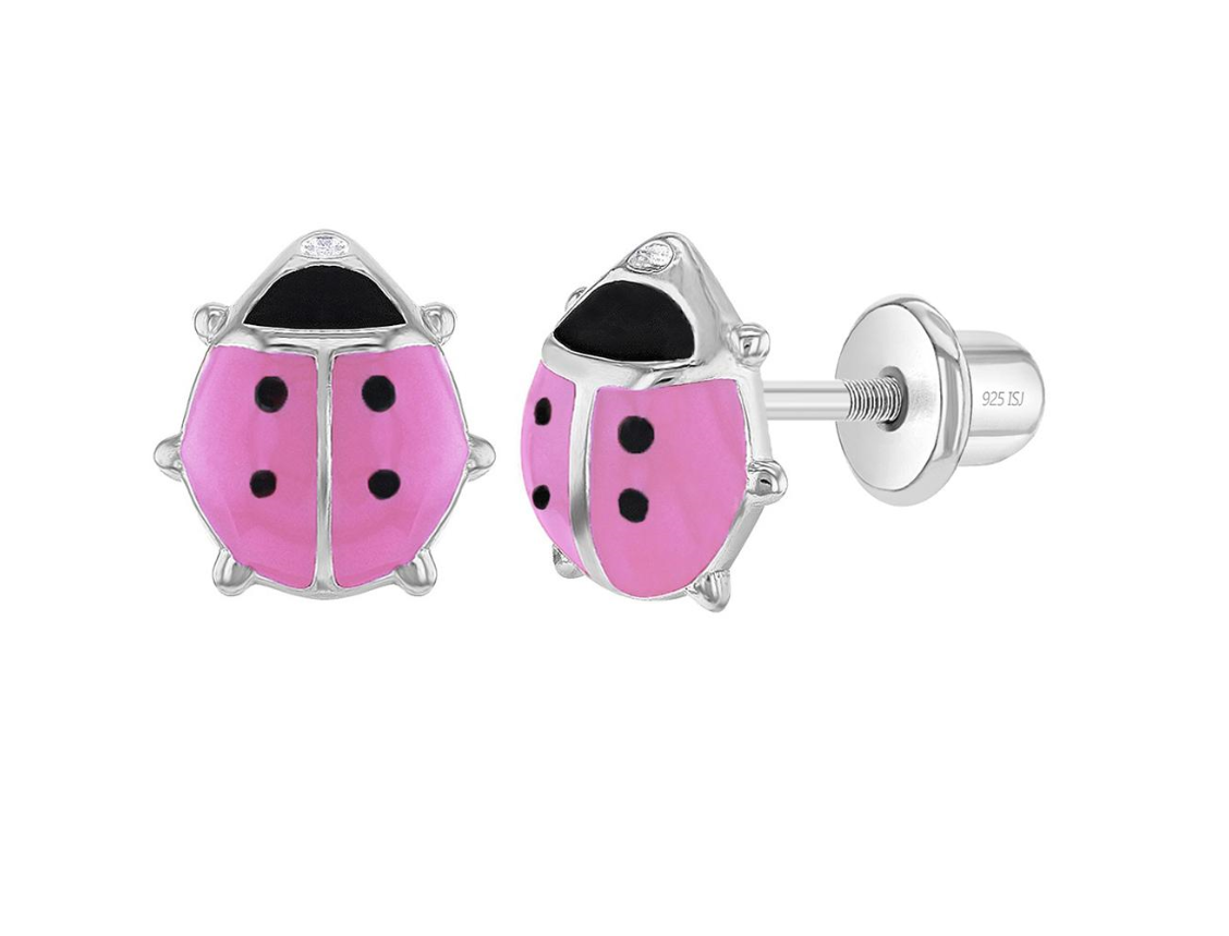 Children's Earrings:  Sterling Silver Pink Enamelled Ladybugs with Screw Backs