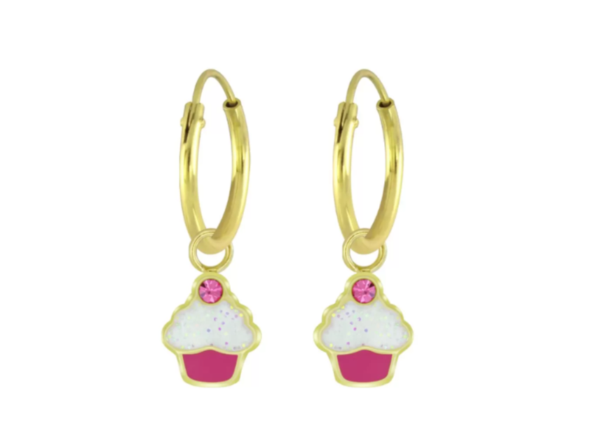 Children's Earrings:  14k Gold Over Sterling Silver (Vermeil) Sleepers with Cupcake Dangles