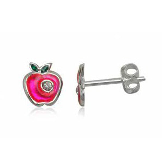Children's Earrings:  Sterling Silver Pinky/Red Apple For the Teacher with CZ