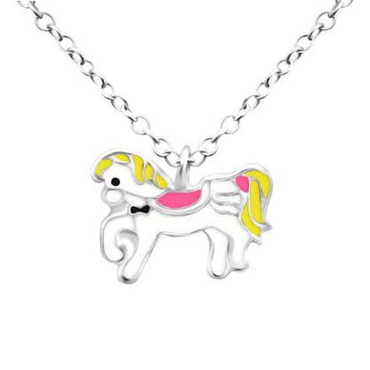 Children's necklaces: charming sterling silver pony pendant on a 35cm chain for girls aged 2 to 6.