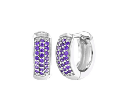 A pair of sterling silver huggie earrings with purple AAA CZ stones, designed for children.