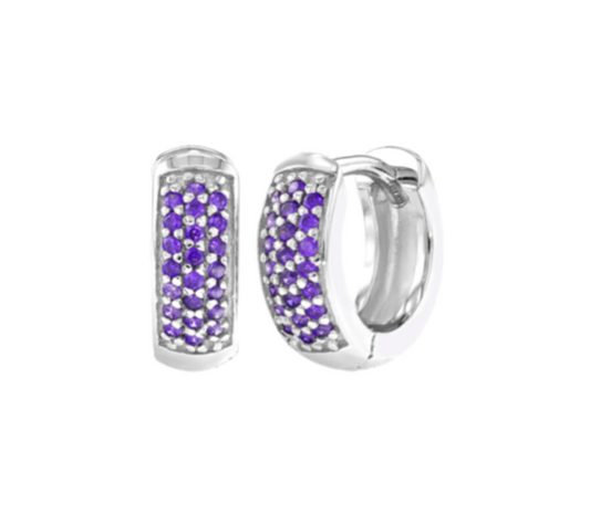 A pair of sterling silver huggie earrings with purple AAA CZ stones, designed for children.