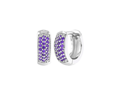 A pair of sterling silver huggie earrings with purple AAA CZ stones, designed for children.