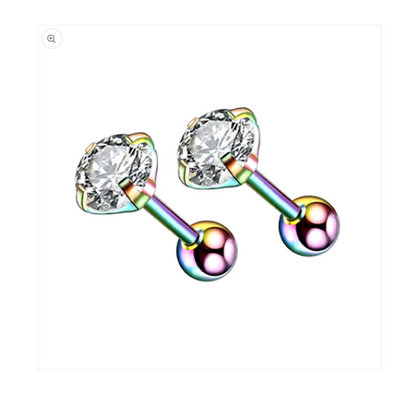 A pair of children's earrings featuring a clear cubic zirconia stone with a colourful ball screw back.