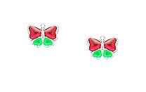 Children's Earrings:  Sterling Silver Enameled Red and Green Butterfly Earrings