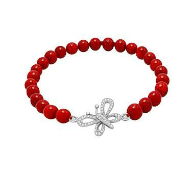 Children's Bracelets:  Sterling Silver, Red Coral Ball Bracelets with CZ Encrusted Butterfly