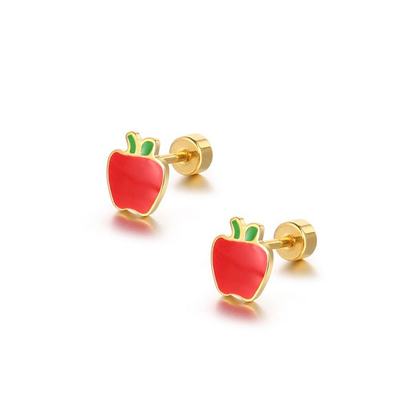 Children's Earrings:  Surgical Steel, Gold IP, Red Enamel Apple Screw Back Earrings