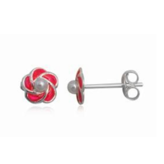 Children's Earrings:  Sterling Silver Pearl Flower Pinky Red