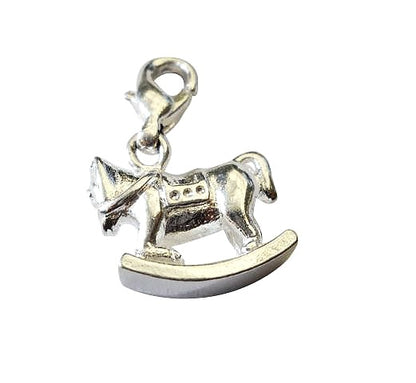 A silver-plated rocking horse charm for charming bracelets.