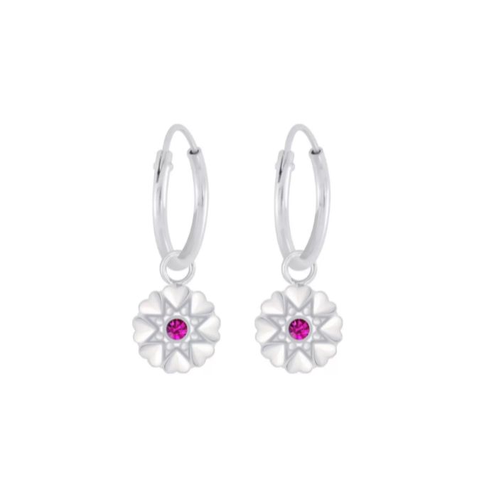 Children's Earrings:  Sterling Silver Sleepers with Silver Flowers - Pink CZ