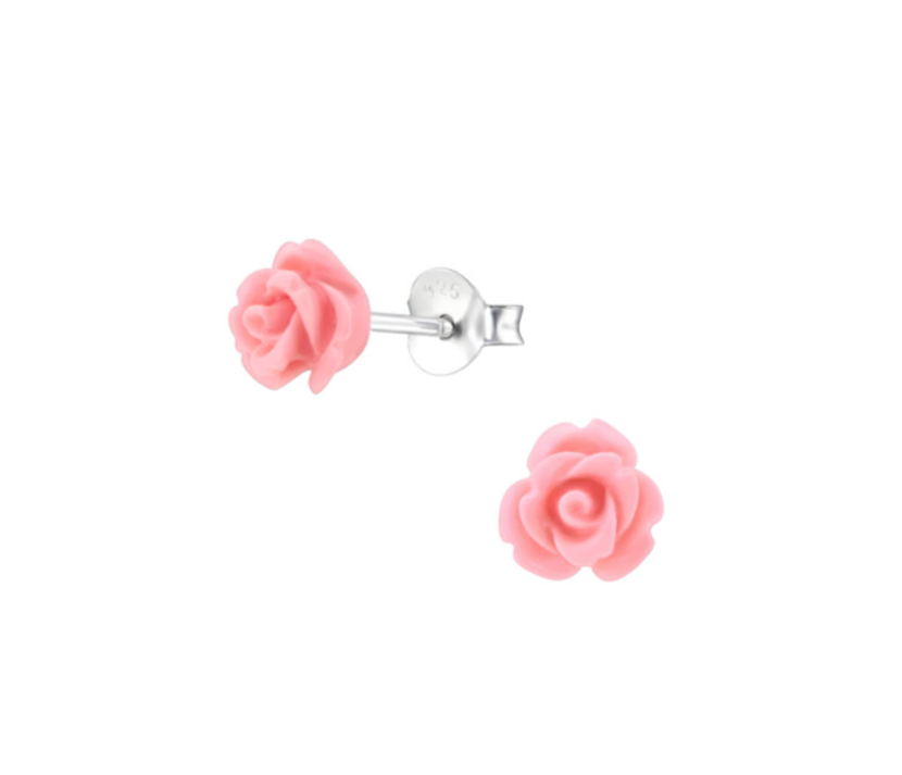 Children's Earrings:  Sterling Silver/Pink Resin Roses