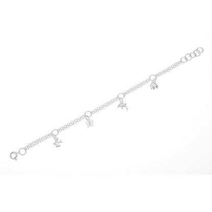 Flat lay of a Sterling silver children’s charm bracelet with double chains and four small animal charms—a hummingbird, butterfly, dolphin, and elephant— stretched out on a plain white background