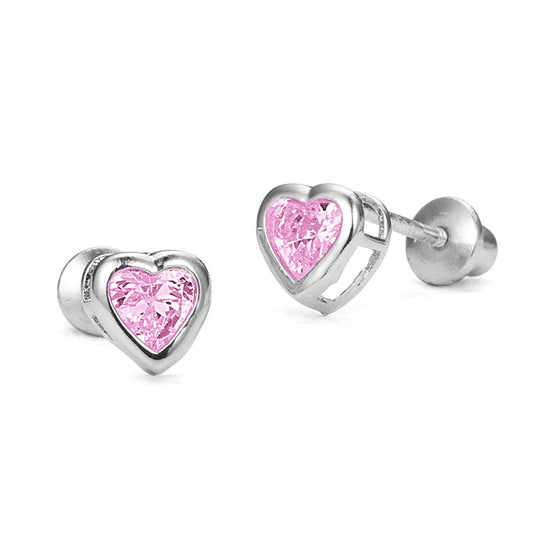 Baby Earrings:  Sterling Silver Pink CZ Hearts with Screw Backs 4mm