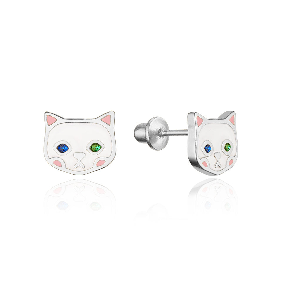 Children's Earrings:  Sterling Silver, White Enamel Cats with Screw Backs