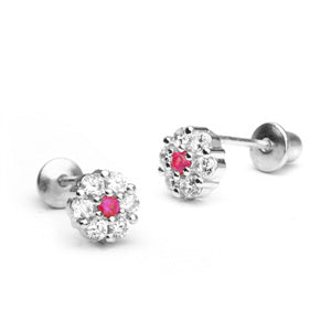 Baby and Children's Earrings:  Sterling Silver, Ruby Clustered Flowers with Screw Backs