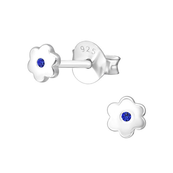 Baby and Children's Earrings:  Sterling Silver Flower Earrings with Central Sapphire CZ - September Birthstone