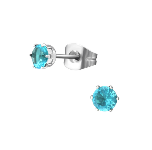 Children's Earrings:  Surgical Steel Aqua Bohemica CZ Stud Earrings 4mm