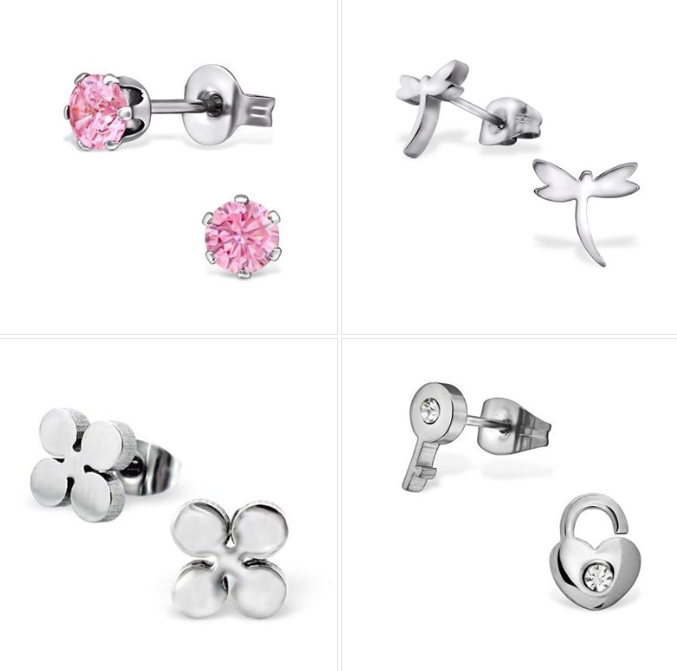 Children's Earrings:  Surgical Steel Pink Studs, Dragonfles, Flower and Padlock and Key with CZ - Set 7