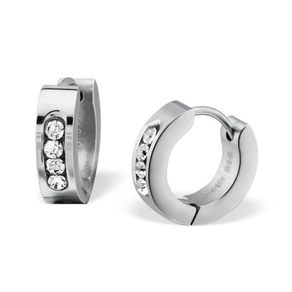 A pair of silver surgical steel huggies with cubic zirconia stones set in a circular pattern.