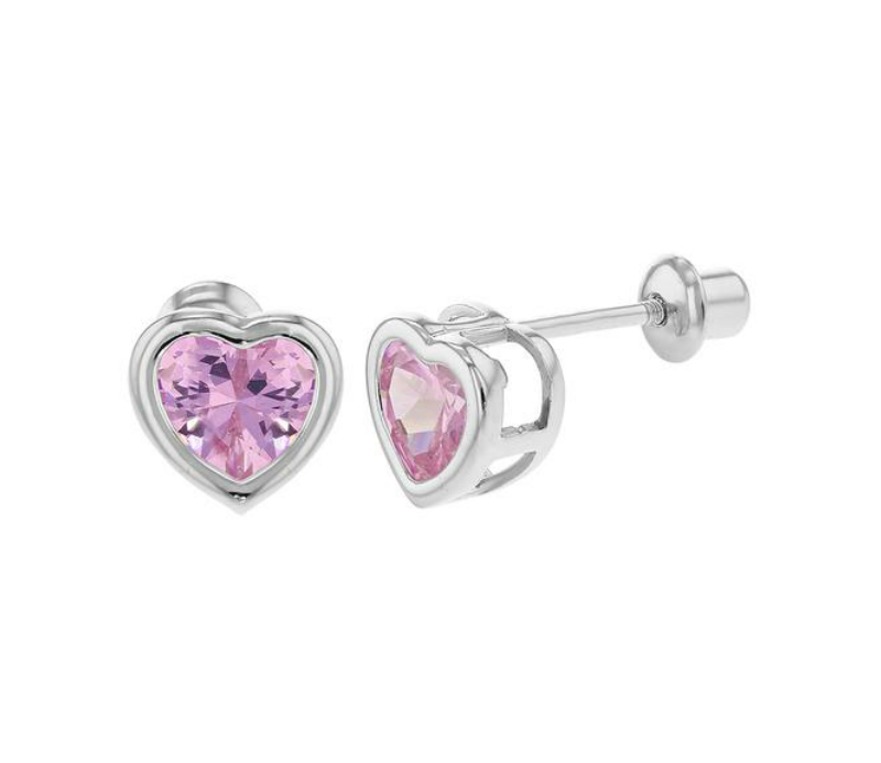 Children's Earrings:  Sterling Silver Pink CZ Hearts with Screw Backs 6mm